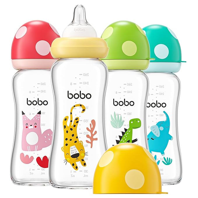 YOHKOH Natural Glass Baby Bottle with Natural Response Nipple, Newborn Anti-Colic Baby Bottles, Wide Neck Mushroom Cap Baby Bottle, Clear (8.8ounce (Pack of 4), Multicolour2)