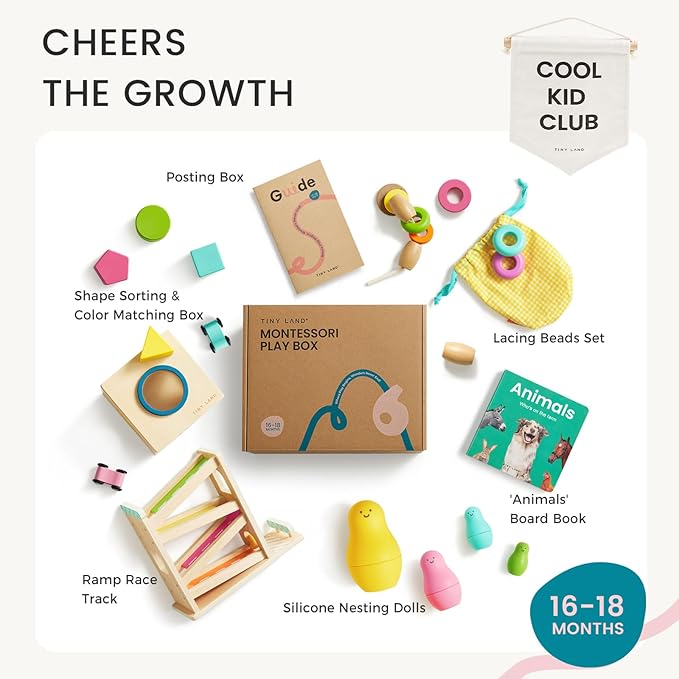 Tiny Land Montessori Toy Set for Baby 16-18 Months Adventure Play Kit - 7-in-1 Ramp Race Track, Shape Sorting and Color Matching Box, Lacing Beads Set, Silicone Nesting Dolls, Animals Board Book