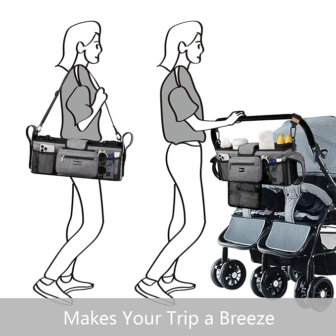 TOPDesign Universal Baby Stroller Organizer, Double Stroller Caddy with Detachable Mesh Bag & Heightened Insulated Cup Holders & Non-Slip Secure Hooks Accessories, Fits Most Strollers (Black)