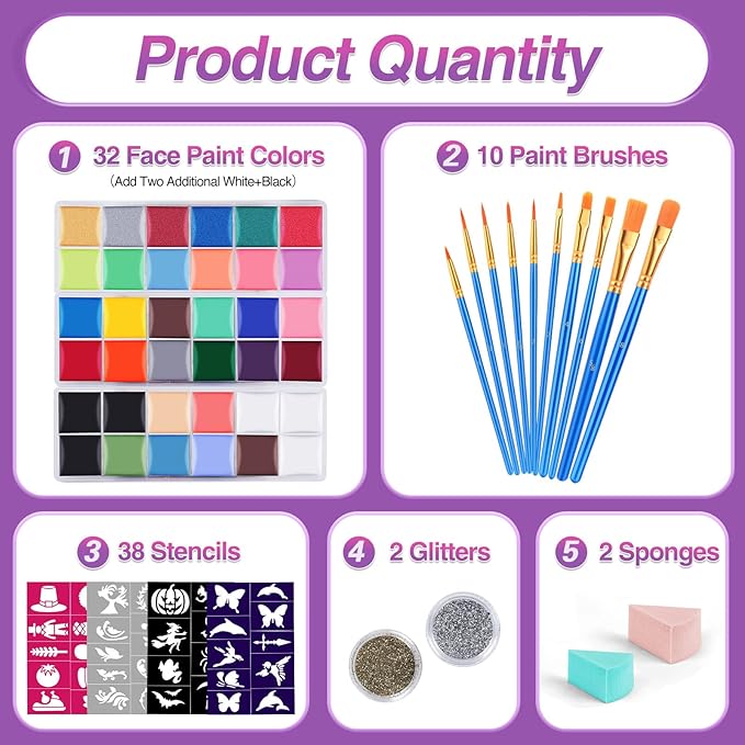VESPRO Face Painting Kit For Kids Party,32 Colors Professional Oil Face&Body Paint Kit with 10 Brushes 4 Reusable Face Stencils,2 Glitters and 2 Sponges for Kids and Adults Halloween Makeup