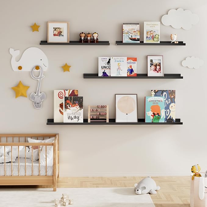 Fun Memories Picture Ledge Shelf, 24 Inch Floating Shelves Set of 2, Nursery Book Shelves for Toys Storage, Kids Bookshelf Wall Mounted for Wall Decor Books Photo Frames, Black