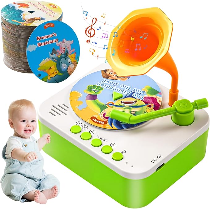 Kids Phonograph Toddler Record Player, with 96 Learning Cards, Early Education Machine Record Player Music Box Storyteller pop Speakers, Gift for Boys and Girls