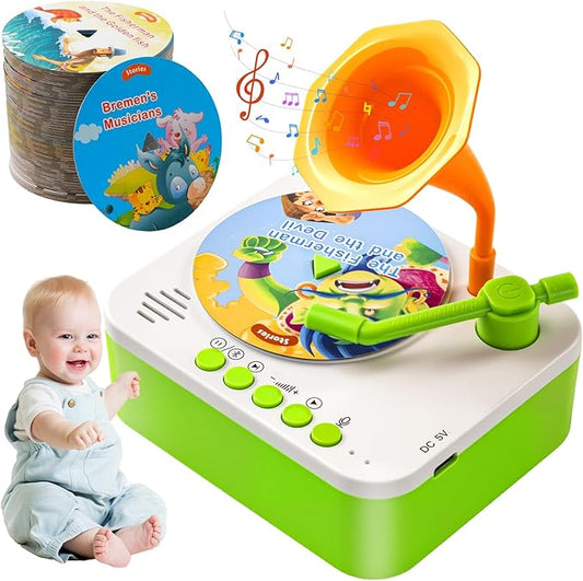 Kids Phonograph Toddler Record Player, with 96 Learning Cards, Early Education Machine Record Player Music Box Storyteller pop Speakers, Gift for Boys and Girls