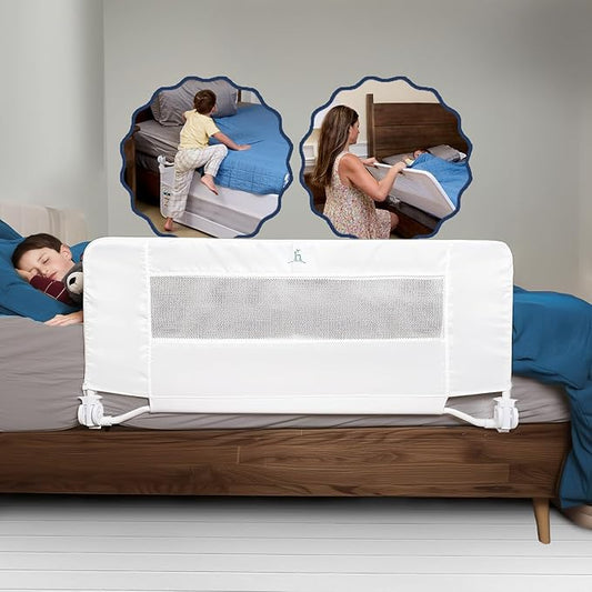 hiccapop 44" x 19" Bed Rail for Toddlers, Heavy-Duty Safety Bed Rail for Twin, Full, Queen Beds, Soft Mesh Cover & Swing-Down Design, Easy No-Tool Installation (White)