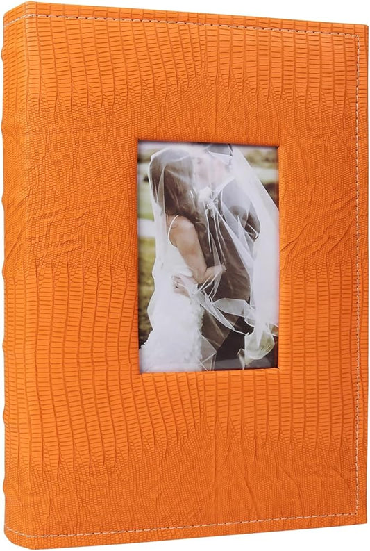 RECUTMS 4x6 Pictures Photo Album Leather Cover Photo Book Holds 300 Photos with Front Window,Photo Book with Writing Space to Share Photos Family Friends (Orange)