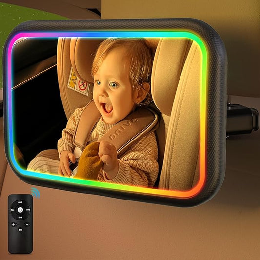 Baby Car Mirror with Light, 7 RGB Light Rear Facing Baby Car Seat Mirror with Remote Control Rechargeable 360° Rotation Hook Clip Design Wide View Shatterproof