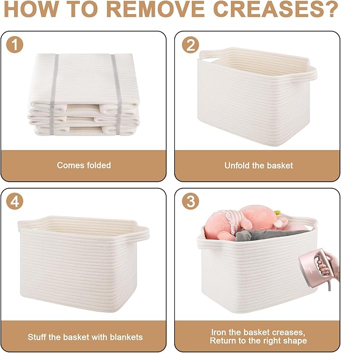 Storage Baskets for Organizing, Decorative Woven Baskets for Shelves, Cotton Rope Storage Cube Bins for Toys, Books, and Towels-13''Lx10''Wx8.6''H-3 Packs, White