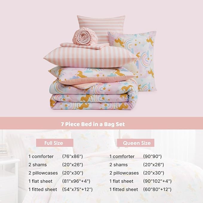 Full Size Comforter Sets with Sheets for Girls-7 Pieces Full Size Bedding Sets with Pink Comforter, Sheets, Pillowcases & Shams for Kids (Gold Unicorn, 76" X 86")