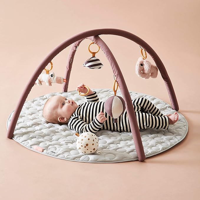 Done by Deer Deer Friends Powder Activity Play Mat with Five Hanging Toys - Soft and Interactive Floor Mat for Kids with Croco, Elphee, Mirror, and Chime Balloons - Perfect for Newborns and Toddlers