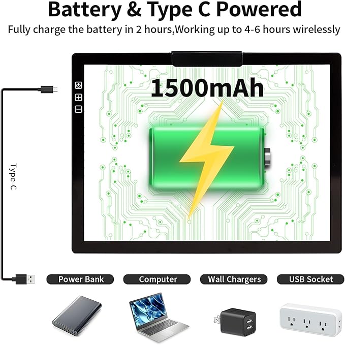 Zocelight Rechargeable A4 Light Box,led Light pad with Built-in Stand & Clip,6 Levels of Brightness Light Box for tracing,Diamond Painting.Light Table for Artists,Drawing,Sketching,Animation,X-ray