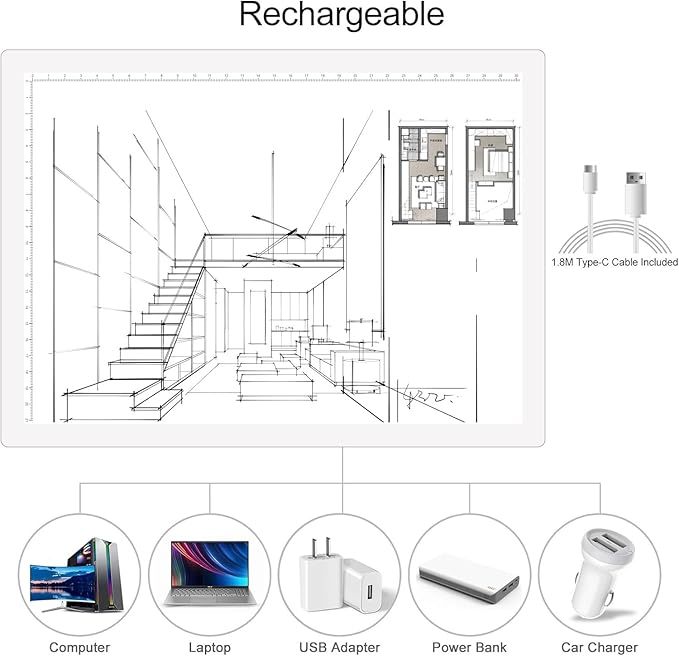 A4 Rechargeable LED Tracing Light Box with Carry Bag, ELICE Wireless Battery Powered Light Pad Artcraft Lightpad Cordless Light Board for Diamond Painting Drawing Sketching Weeding Vinyl (White)