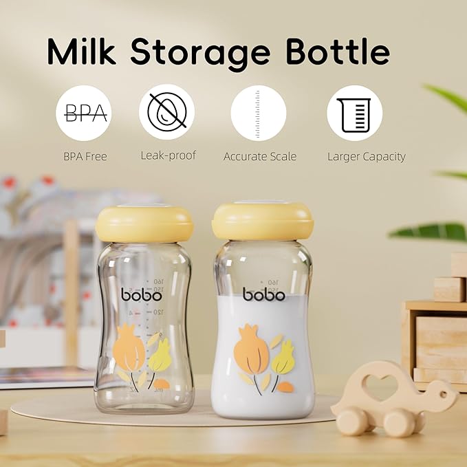 YOHKOH Breast Milk Storage Bottles - Wide Neck Glass Breastmilk Storage Bottles with Lids, BPA-Free (Multicolor1, 5.4oz (Pack of 4))