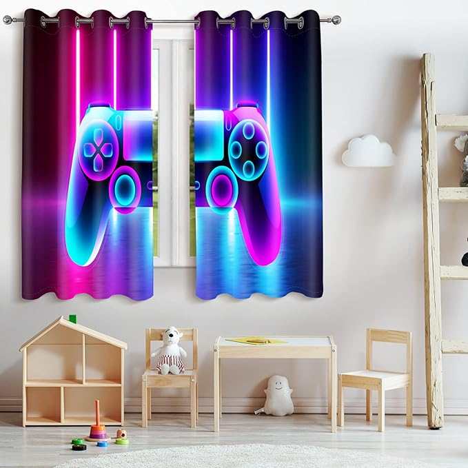 Jekeno Game Controller Blackout Curtains for Kids Boys Teens Bedroom Colorful Video Game Gamer Gaming Gamepad Decor for Home Living Room Grommet Window Drapes 2 Panel Set, 52"x84"