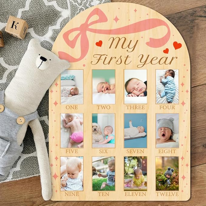 ORIGACH My First Year Baby Growth Photo Display Wood Board - 12 Months Newborn Milestones Photo Board - Neutral Baby Keepsake Frame 1st Birthday Party Nursery Decor New Mom Gift - Bow & Heart