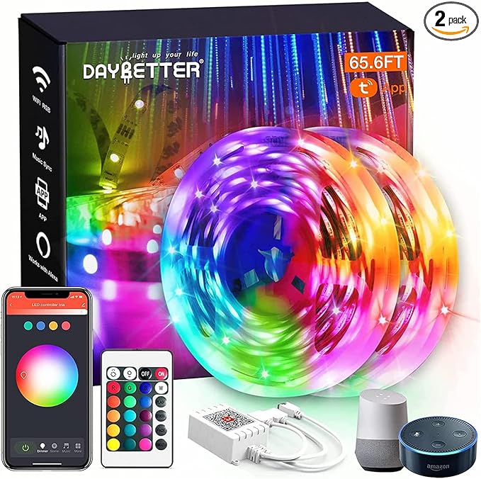 DAYBETTER 65.6ft WiFi Smart Led Lights Strip with Tuya App Control for Bedroom Decoration Work with Alexa and Google Assistant(2 Rolls of 32.8ft)