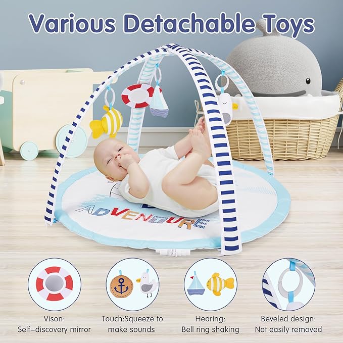 Activity Gym, Baby Play Gym Mat for Toddlers, 0-18 Months Tummy Time Play Mats, Infant Play Gym with Detachable Toys for Sensory Exploration and Motor Skill Development, PM2406