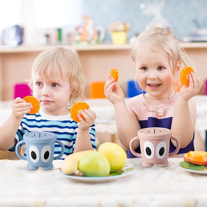 Silicone Snack Cups Food Container for Toddlers and Babies, Spill Proof Training Cup with Snack Cup Lid & Dust Proof Lid, Comes with a toy strap, Without BPA, Lead, or Phthalates(Gray & Beige)