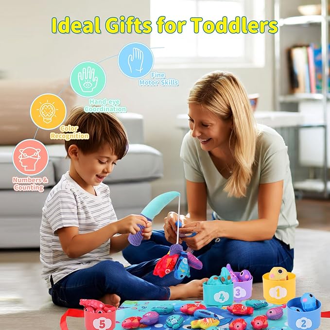 Montessori Cloth Fishing Game Toy for Kids, 23PCS Stacking Cups with Numbers Counting, Color Sorting & Shape Learning, Toddler Educational Toys for Babies, Birthday Easter Gift for Boys Girls