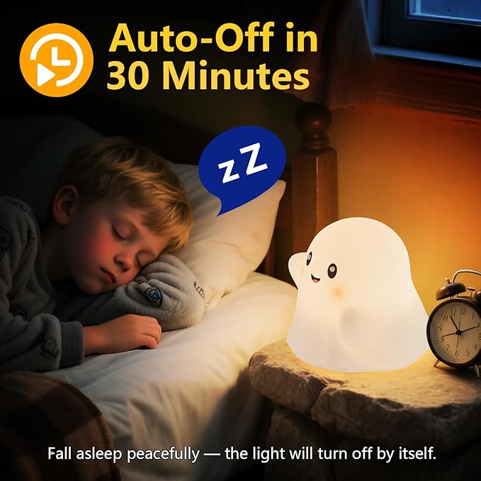 Halloween Ghost Night Light RGB โ Touch Night Light for Kids, Rainbow Color-Changing,30-Min Timer,Sounds & Sleep Music, Squishy Silicone, USB Rechargeable, Nursery Decor, Ghost Light Decor
