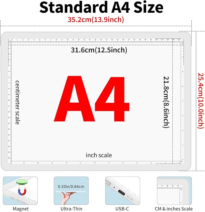 Phylosal Magnetic A4 Light Pad, Super Bright Light Box with Side Button, Diamond Art Light Board, Lightbox for Tracing and Drawing, USB Power Artcraft Light Table for Sketching, Weeding Vinyl (White)