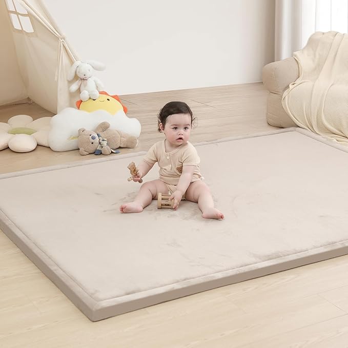Baby Play Mat for Floor,1.3" Thick Elasti-Foam 74×50 Playpen Mat for Toddlers Infant Kids,Water-Repellent Soft Coral Velvet for Tummy Time, Non-Slip Backing for Crawling,Tatami Style(Beige)