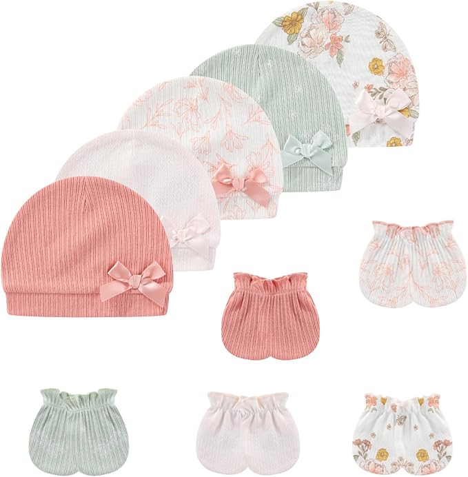 Baby Hat and Mittens Set Cotton Newborn Baby Hats Caps for Boys and Girls, 0-6 Months
