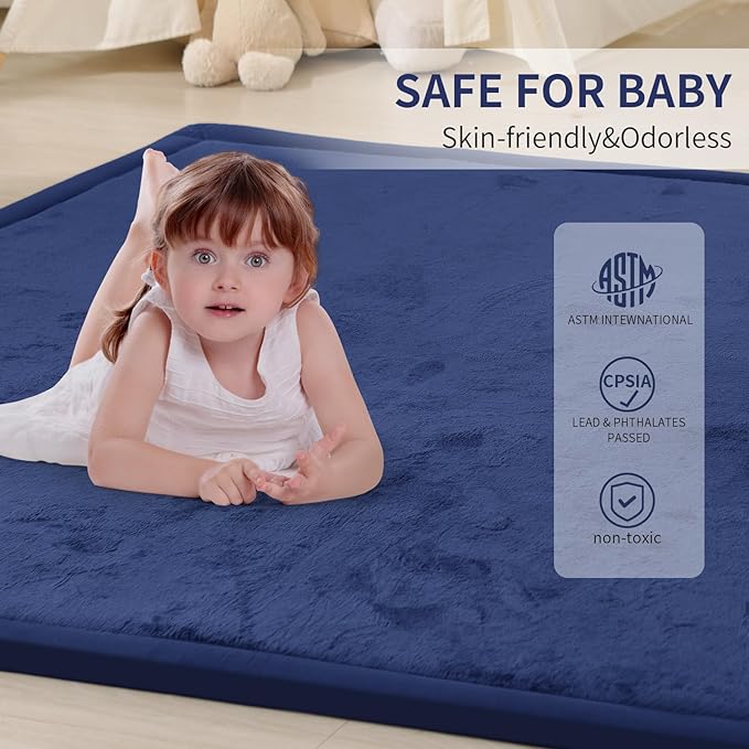 ACOMOPACK Baby Play Mat for Floor 1.3" Thick Memory Foam Play Mat 59"×71" Tummy Time Crawling with Non-Slip Bottom for Living Room,Nursery,Soft Velvet Playpen Mats for Kids,Infants(Royal Blue)