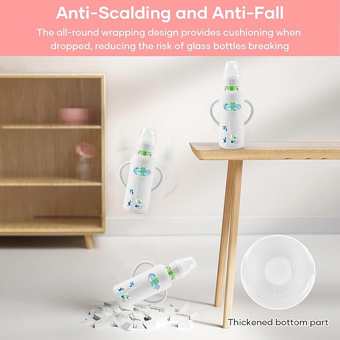 2 Pack Silicone Sleeves for Dr. Brown's Glass Baby Bottles, Anti Breakage Durable Baby Bottle Holder with Easy Grip Handles, Narrow Sleeve with a Cutout, Dishwasher/Freezer/Microwave Safe, 8 oz