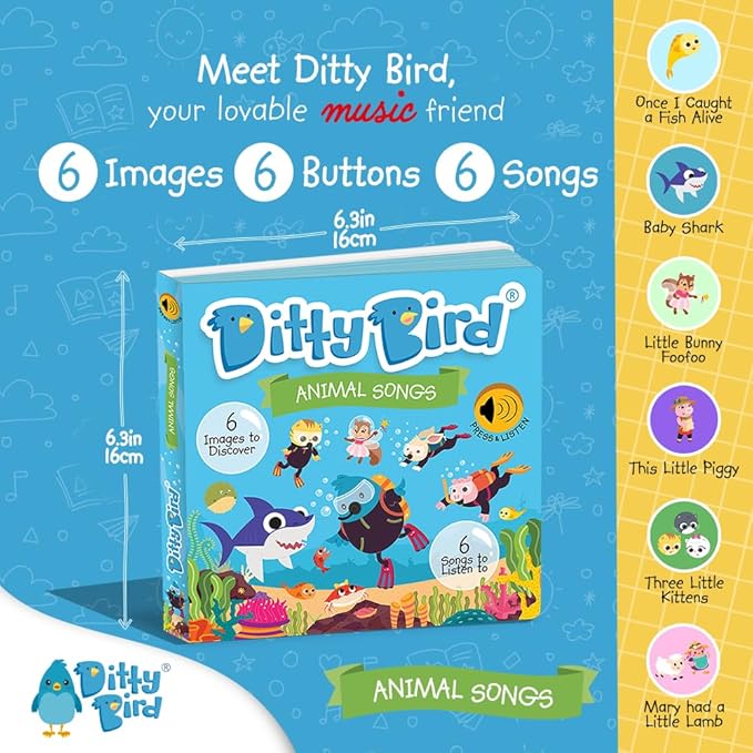 Ditty Bird Animal Songs Book for Toddlers β Interactive Sound Book with Baby Shark & More | Musical Board Book for 1-3 Year Olds | Fun, Realistic Animal Sounds | Sturdy Sensory Book for Baby