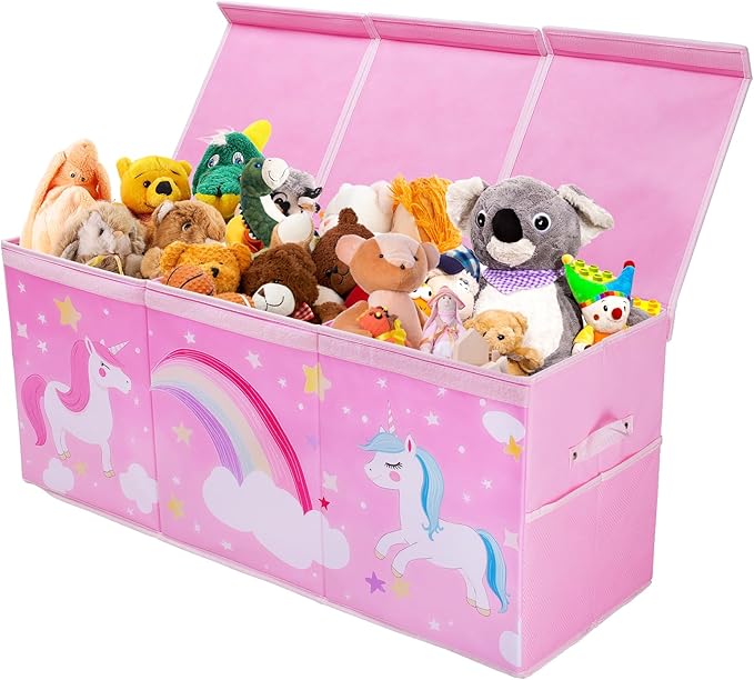 Unicorn Extra Large Toy Box Chest with Flip Lid for Kids, Collapsible Oxford Toy Storage Box with Handles Mesh Pockets, Sturdy Waterproof Toy Box for Bedroom Playroom, 37.7×12.5×15.7 Inch