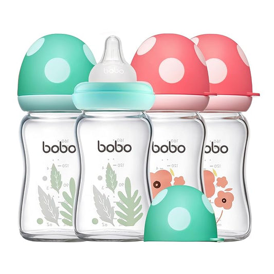 YOHKOH Natural Glass Baby Bottle with Natural Response Nipple, Newborn Anti-Colic Baby Bottles, Wide Neck Mushroom Cap Baby Bottle, Clear ((5.4oz (Pack of 4), Multicolour)