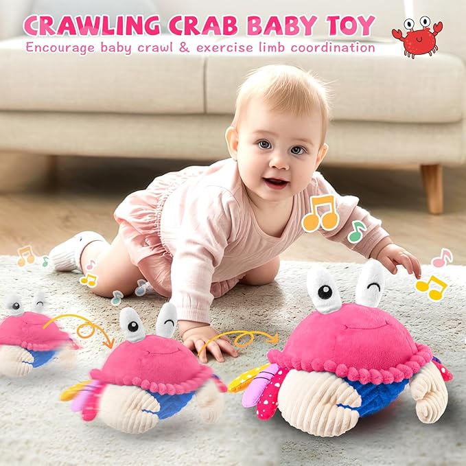 Pink Crawling Crab Baby Toy - Rechargeable Musical Plush Toys with 40 Songs & Voice Recorder, Sensory Toy for Infant Tummy Time, Soft Toy for 12-18 Months Girl, Gift for Toddlers 1-3