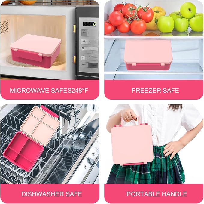 Bento Lunch Box with 8oz Soup Thermo, Kids Leakproof Lunch Food Containers with 4 Compartment, Kids Thermo Insulated Hot Food Jar for School, Trvael - (Pink)