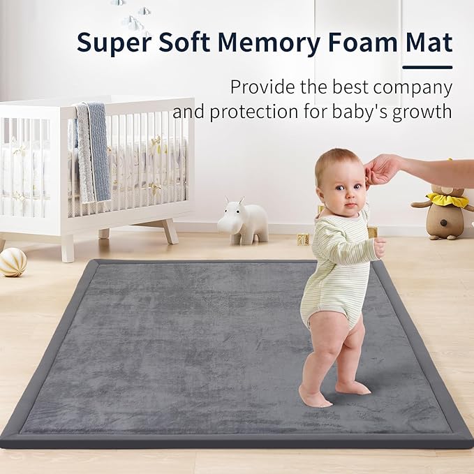 ACOMOPACK Baby Play Mat for Floor 1.3" Thick Memory Foam Play Mat 59"×71" Tummy Time Crawling with Non-Slip Bottom for Living Room,Nursery,Soft Velvet Playpen Mats for Kids,Infants(Dark Grey)