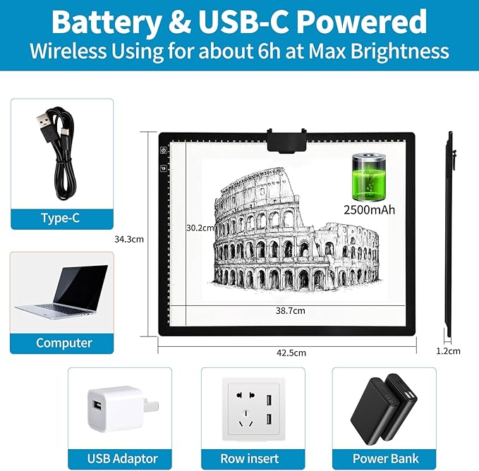 KOBAIBAN Wireless A3 Light Pad with Carry Bag, Foldable Stand, Top Clip, 3 Colors/Stepless/6-level Dimmable Brightness Rechargeable tracing Light Box/Board for Cricut Weeding Vinyl, Diamond Painting