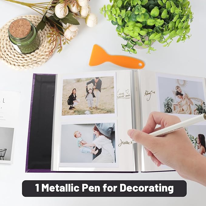 RECUTMS Photo Album Self Adhesive Magnetic Scrapbook 4x6 5x7 8x10 Pictures Scrapbook Album, 40 Pages Photo Book for DIY Baby Family Wedding with Metal Pen and Plastic Board (Purple)