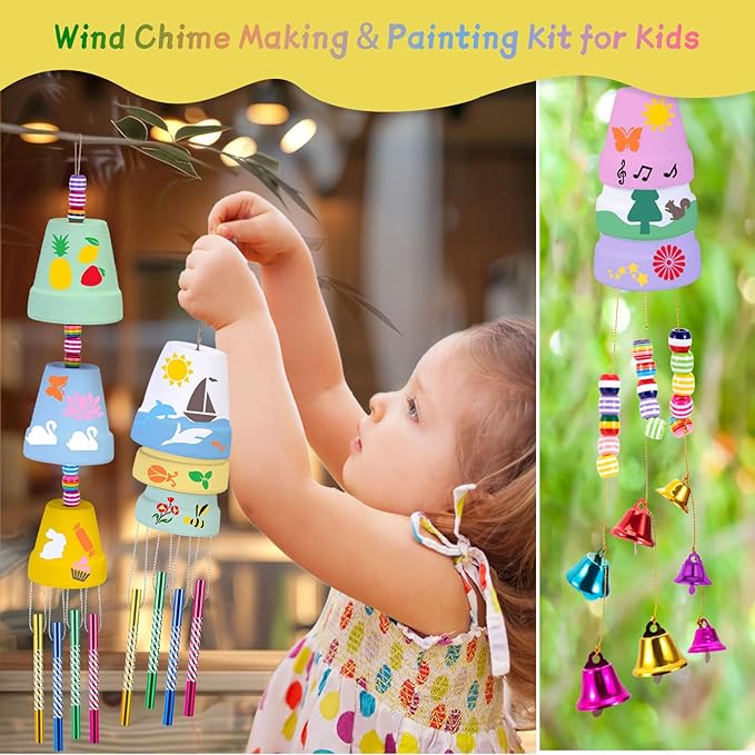 FULAIERGD 3 Pack Wind Chime Making Kit for Kids- Wind Chime Craft Painting Kit-Ceramic Pot, Bells, Stencils and Beads DIY Crafts Gifts for End of Year Student, Christmas, Birthday, Summer Decor