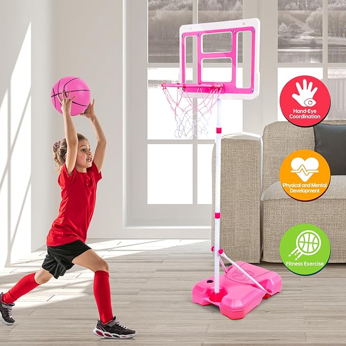 Kids Basketball Hoop with Stand, Adjustable Height 3.5FT-6.2FT Toddler Basketball Hoop, Basketball Goal Outdoor Indoor Toys for Girls Age 3 4 5 6 7 8 Years Old Gifts(Pink)