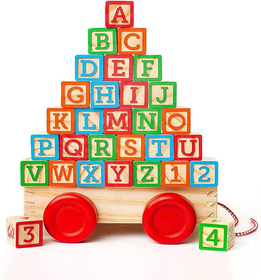 Building Blocks for Toddlers 1-3 Years Old, 30 Large Stackable Wooden Baby Blocks with Alphabet and Number Icons on Every Side, Toy Wagon Included