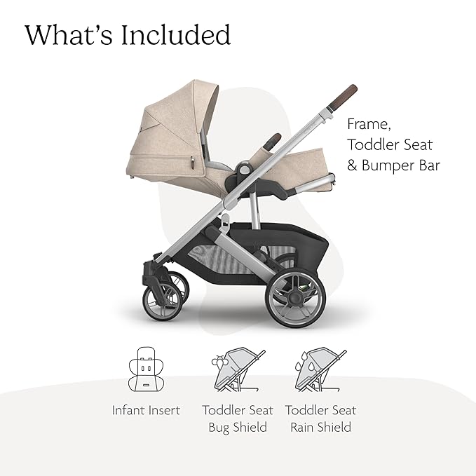 UPPAbaby Cruz V3 Stroller - from Birth + Car Seat Compatible - Full-Size, Reversible Seat - Infant Insert, Bug and Rain Shields Included - Declan (Oat Mélange/Silver Frame/Chestnut Leather)