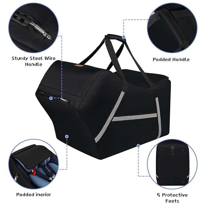 Infant Car Seat Travel Bag for Airplane Compatible with All Nuna Pipa Car Seat and Base,Chicco KeyFit 30 and Base, Padded Car Seat Bags for Air Travel,Car Seat Gate Check Bag with Side Pocket, Black