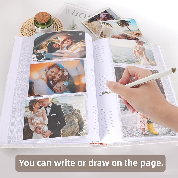 RECUTMS Photo Album with Writing Space 4x6 300 Pockets Photo Book,Leather Cover Picture Album with Memo Areas for Wedding Anniversary Family Baby Couple Valentines Graduation Travel (White)