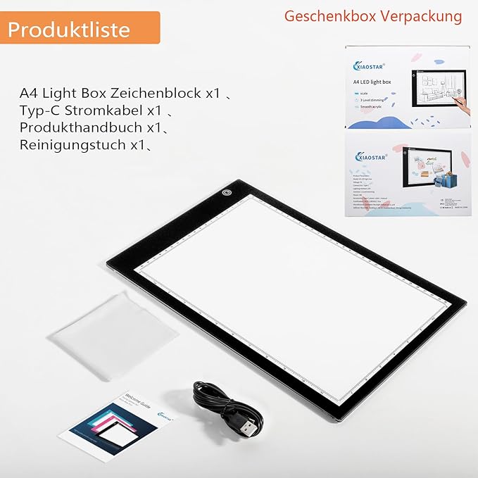 Light Box Drawing Pad, Tracing Board with Type-C Charge Cable and Brightness Adjustable for Artists, AnimationDrawing, Sketching, Animation, X-ray Viewing (DE-A4-P-black)