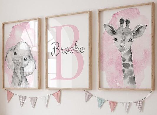 Safari Animals Set of 3 Unframed Poster Prints for Baby Girls Nursery Bedroom Playroom, Personalized Name, Choice of 12 Animals, Pink Purple (9x12)