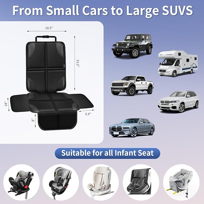 Car Seat Protector, Child Carseat Covers, Protector Car Seat for Baby with Thickest Padded and Non-Slip Waterproof Backing Mesh Pockets for Kids Pets-1 Pack