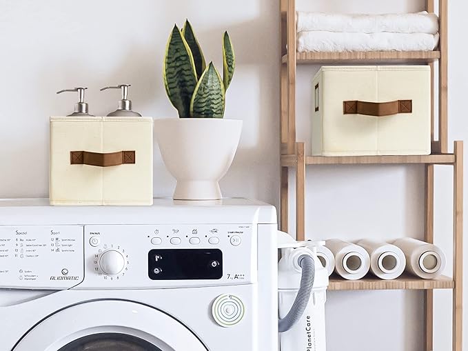 StorageWorks Storage Baskets for Shelves, Foldable Fabric Closet Storage Bins with PU Handles, Fabric Storage Bins Clothes Organizer, Ivory White, 3-Pack, Small