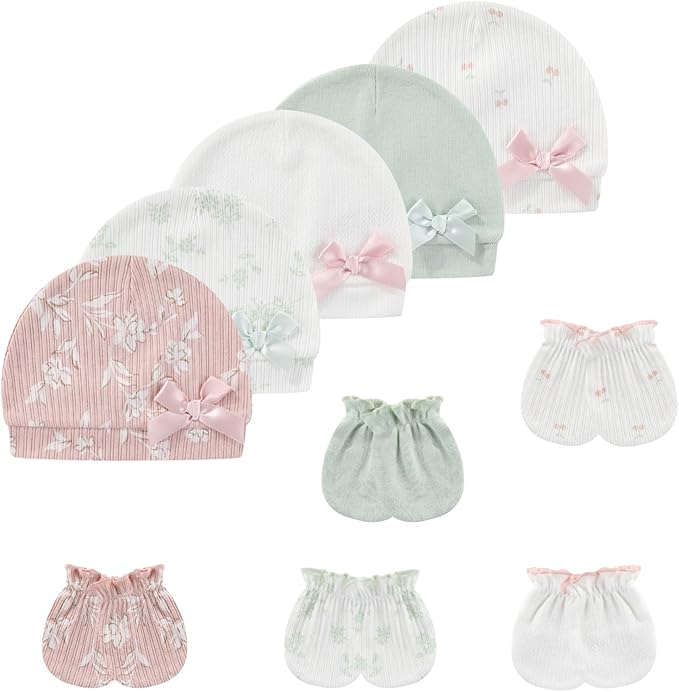 Baby Hat and Mittens Set Cotton Newborn Baby Hats Caps for Boys and Girls, 0-6 Months
