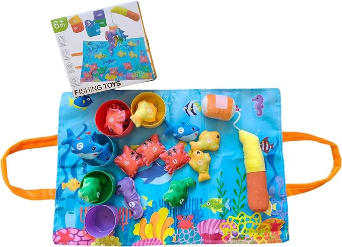 Toddler Montessori Toys Fishing Game with Stacking Cups Storage Bag Number Counting Color Sorting Shape Learning Toys Hand-Brain Coordination Sensory Ability for 1-3 Year Old Girl Boy Birthday Gifts
