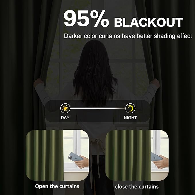 KEQIAOSUOCAI 92 Inch Dark Olive Green Curtains for Bedroom Living Room,Thermal Insulated Dark Out Sound Proof Curtain for Dining Room, Pinch Pleated for Traverse Rods 40x92-2 PCs