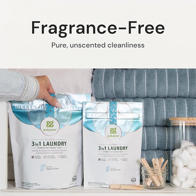 Grab Green 3-in-1 Laundry Detergent Pods, 24 Count, Fragrance Free, Plant and Mineral Based, Superior Cleaning Power, Stain Remover, Brightens Clothes